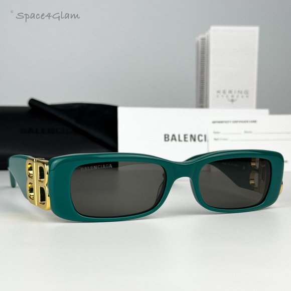 NEW Balenciaga BB0096S 006 Green Gold Logo Grey Rectangle Unisex Sunglasses - Picture 1 of 14